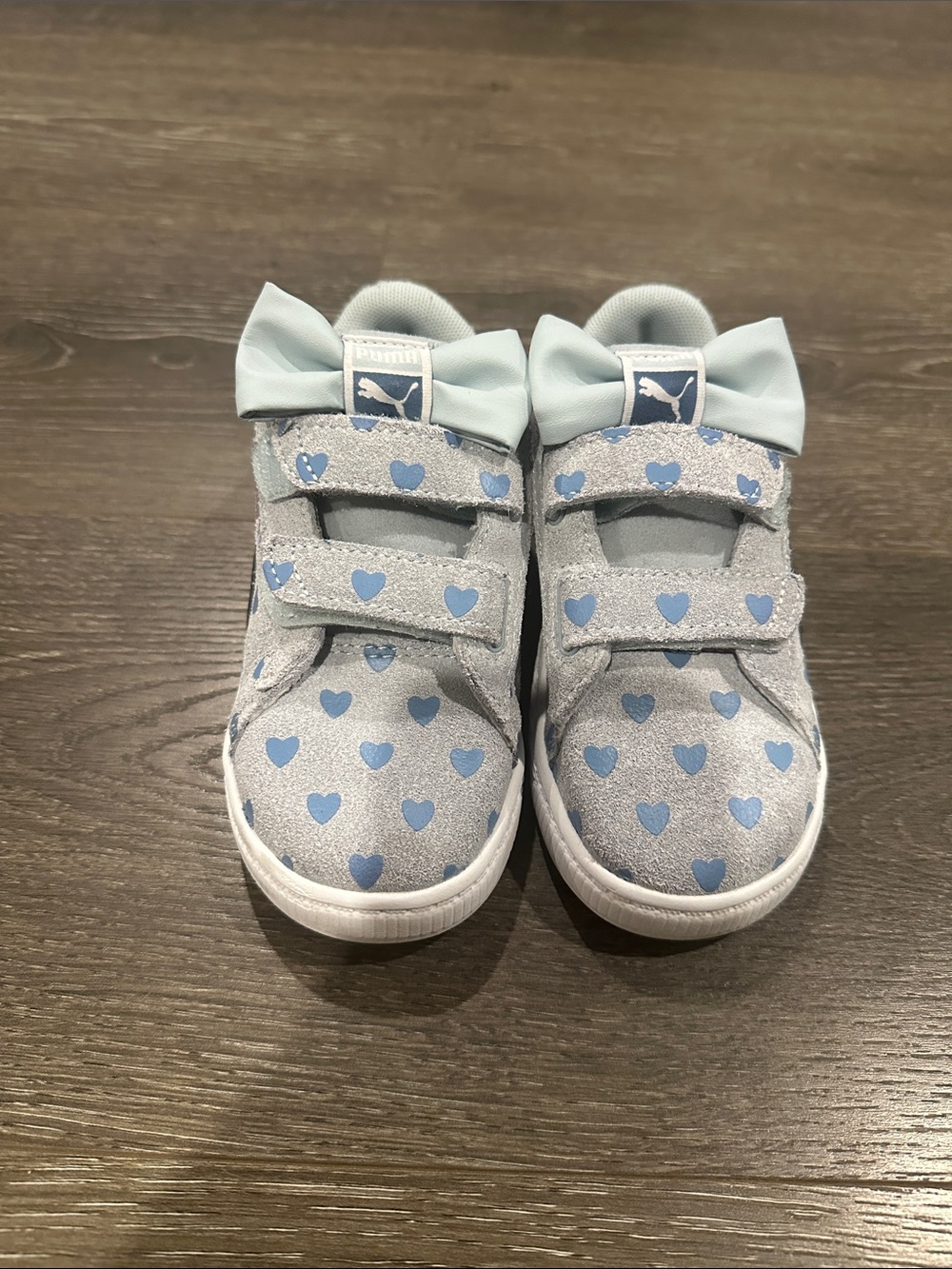 Puma Light Blue Heart Velcro Sneakers with Bow Accent